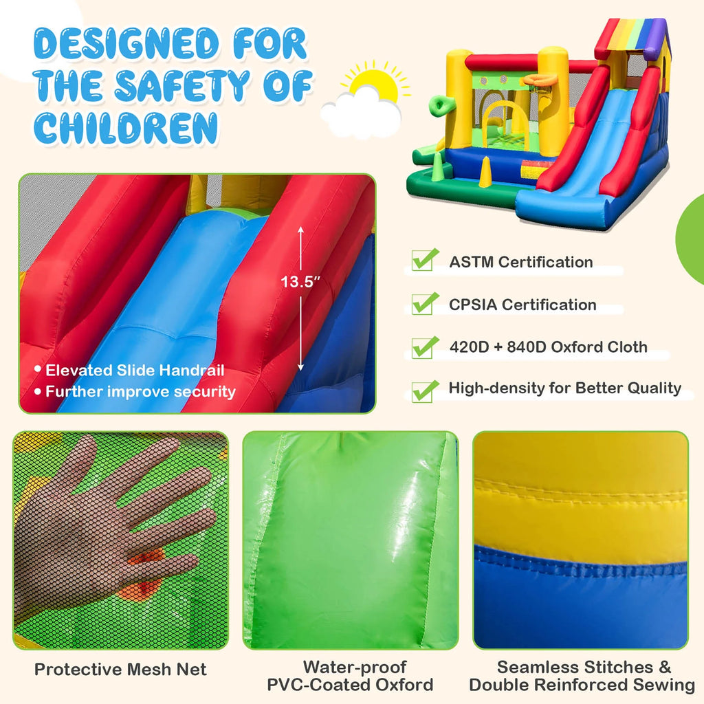2026 Costway Colorful Rainbow Kids Inflatable Bounce Castle with 50 Ocean Balls & 735W Blower