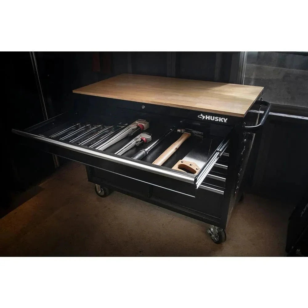 2026 Mobile workbench with 9 drawers, hardwood top and power connection, 117 cm W x 62 cm D – high-gloss black