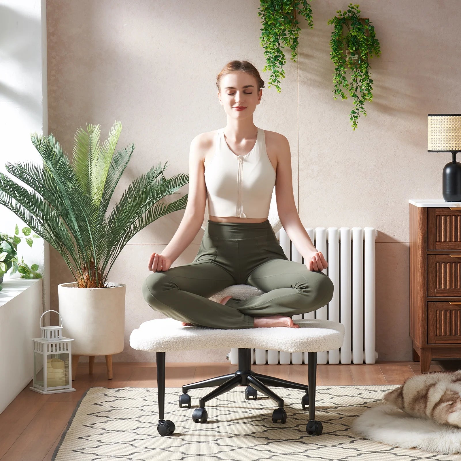 2026 Pinmoco Ergonomic Cross Legged Swivel Chair, Adjustable Height and Teddy Fabric, Meditation& ADHD Chair with Back Support, Home and Office, Off White