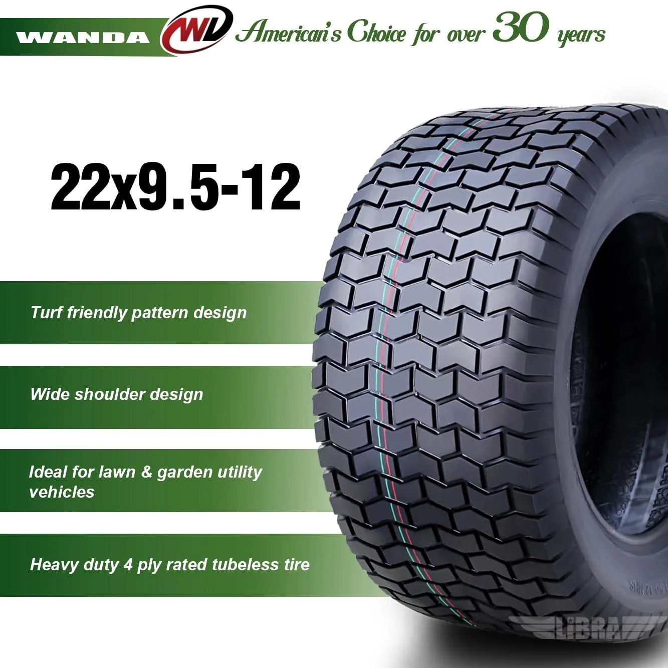 2026 WANDA 22X9.5-12 Lawn Mower Tractor Cart Turf Tire 4 Ply 22x9.5x12-13135
