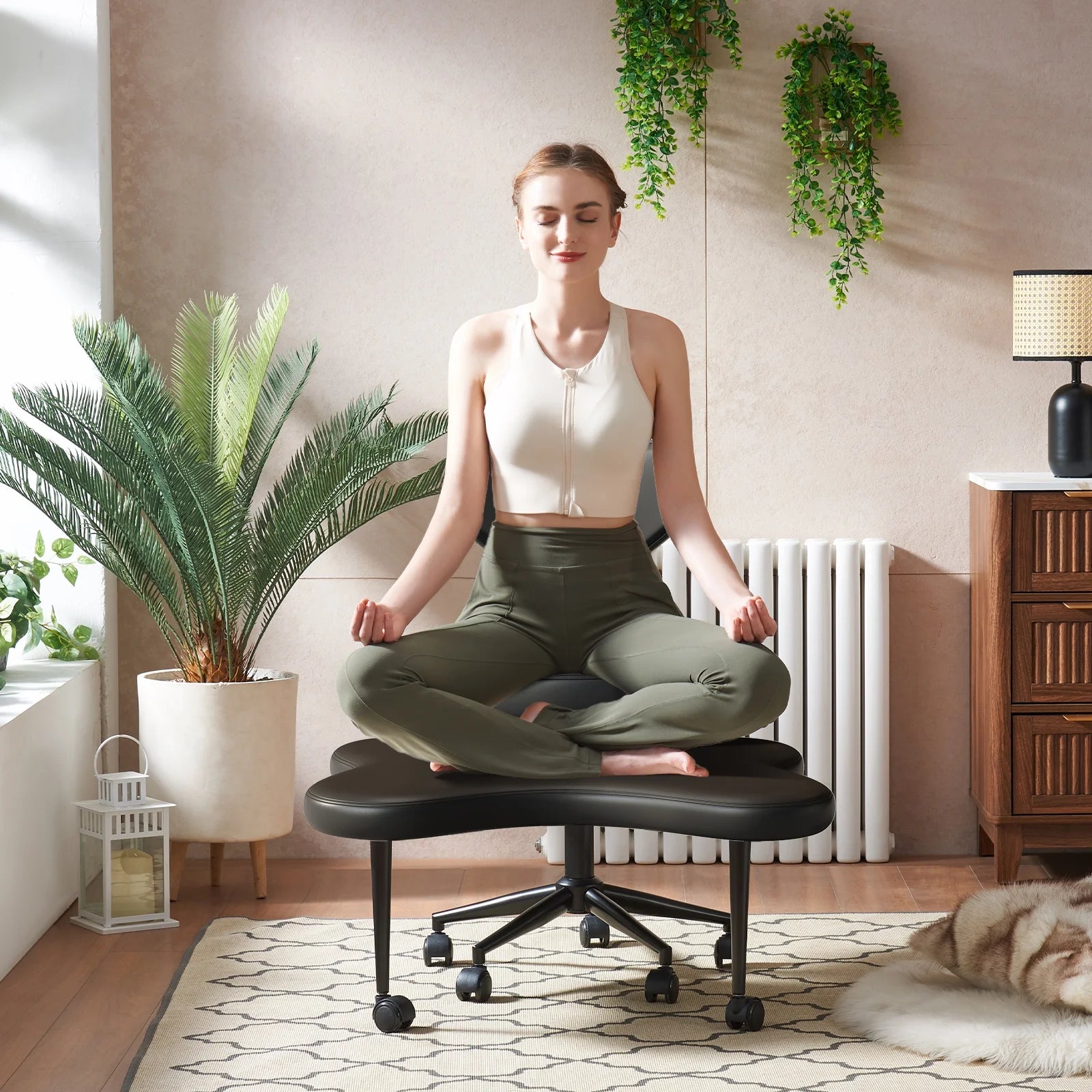 2026 Pinmoco Ergonomic Cross Legged Swivel Chair, Adjustable Height and Teddy Fabric, Meditation& ADHD Chair with Back Support, Home and Office, Off White