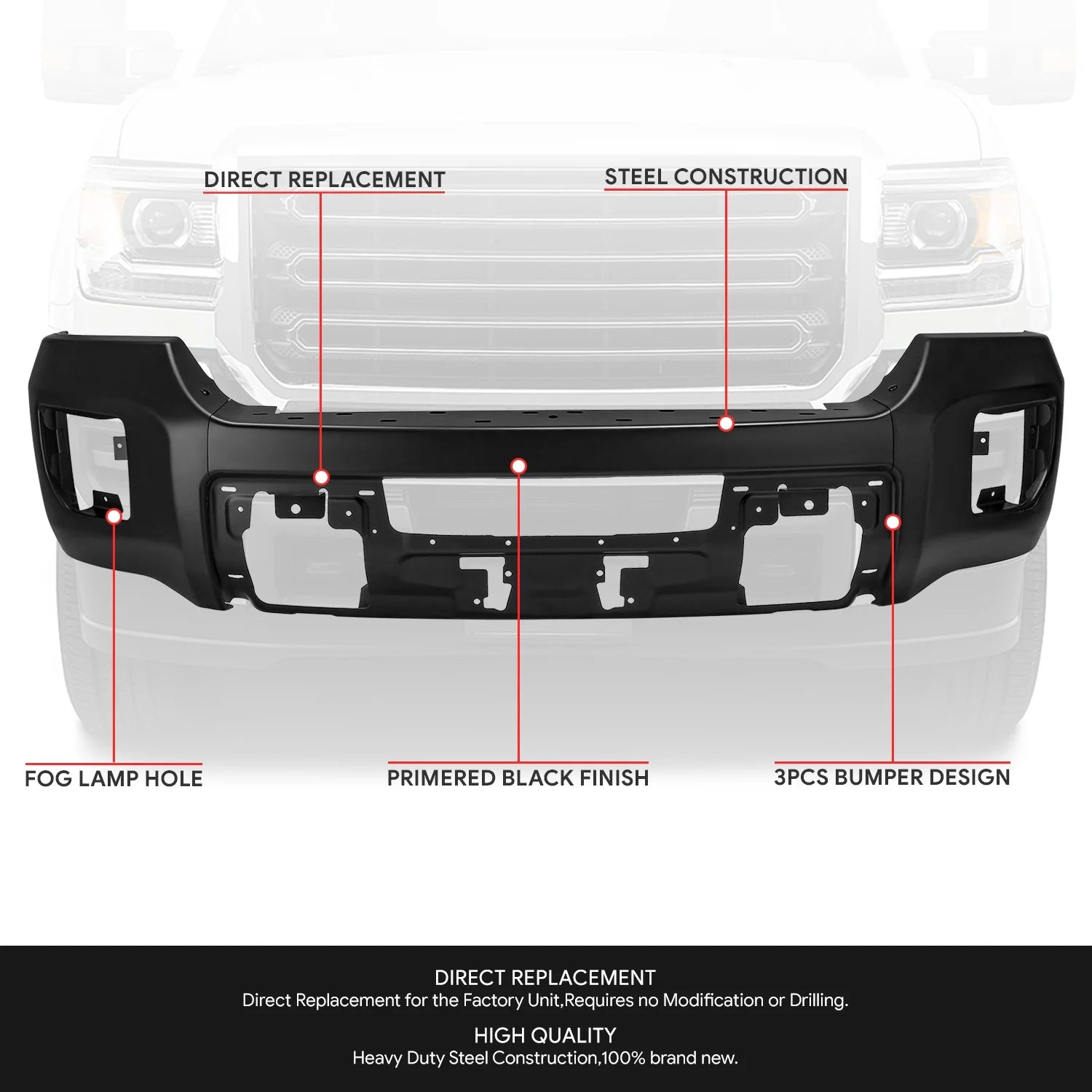 Modular Style Front Bumper w/o Parking Sensor Holes15-19 GMC Sierra 2500 3500 HD