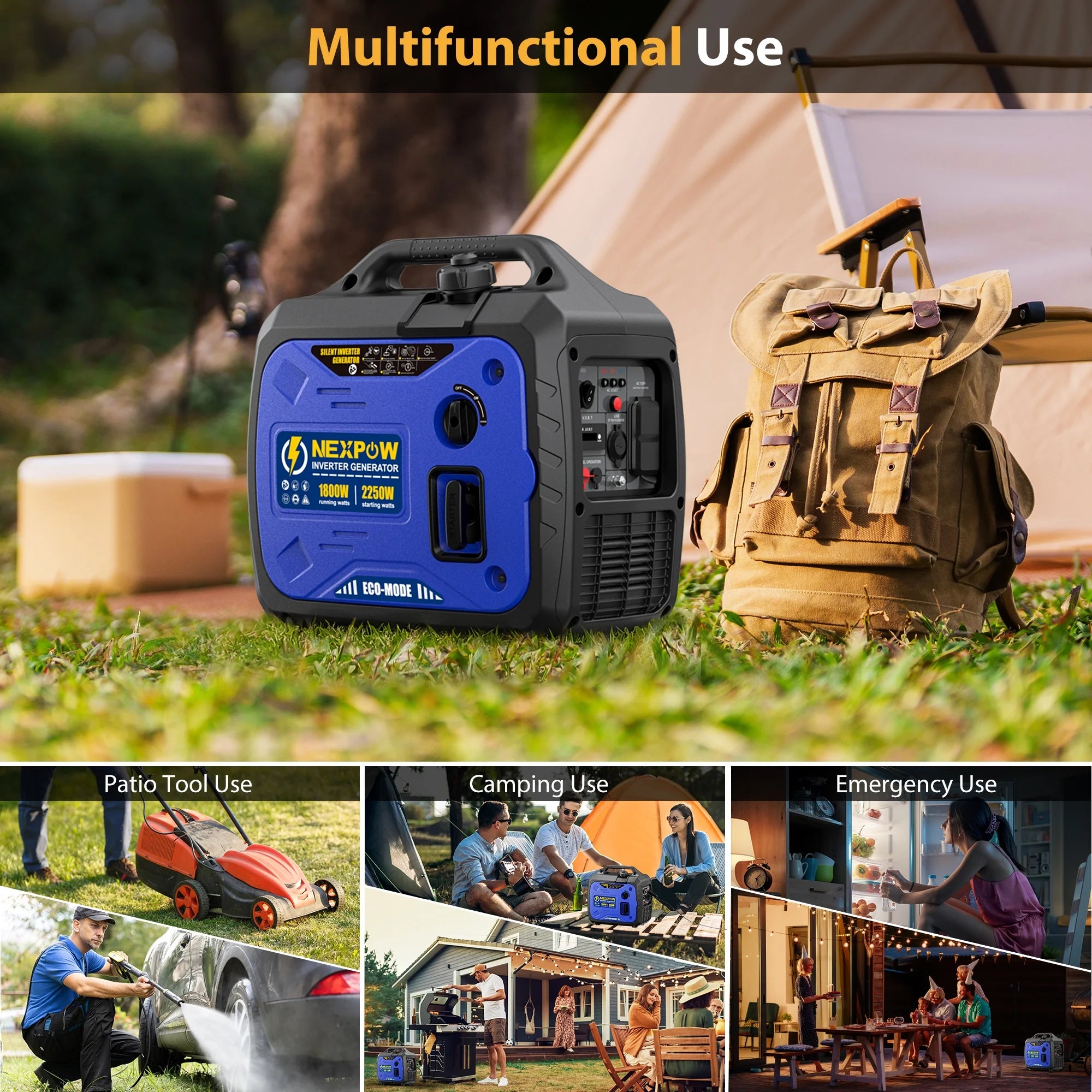 2026 NEXPOW 2250W Portable Inverter Generator, Gasoline Power Quiet Lightweight for Backup Home & Camping, Eco-Mode Feature, Parallel Capability, EPA Compliant