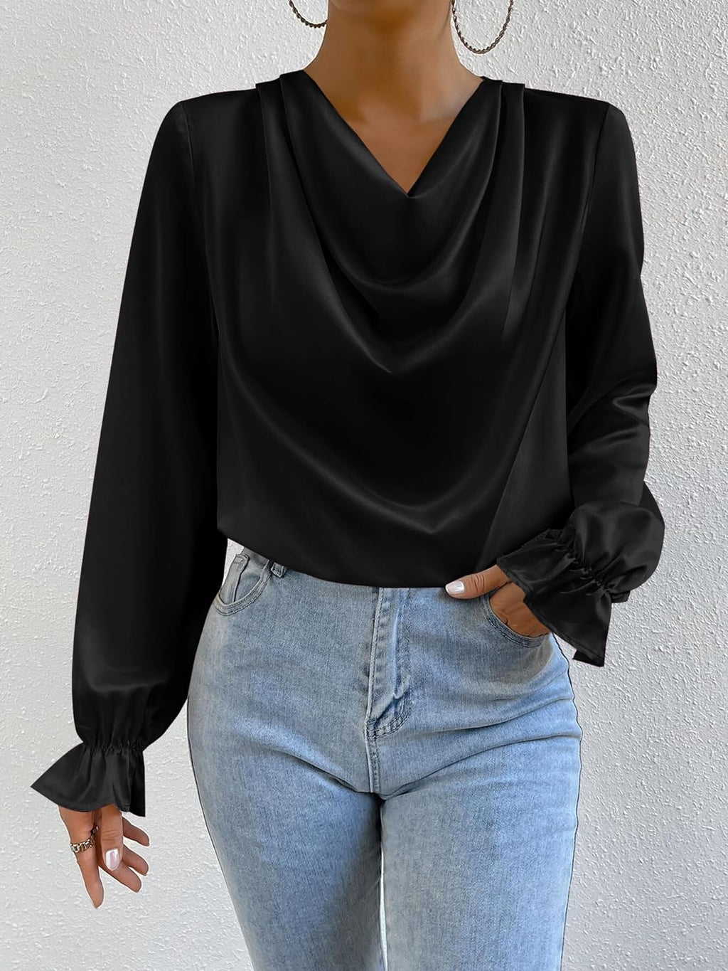 CALSUZ Women's Satin Draped Cowl Neck Tops Silk Long Sleeve Ruched Blouse