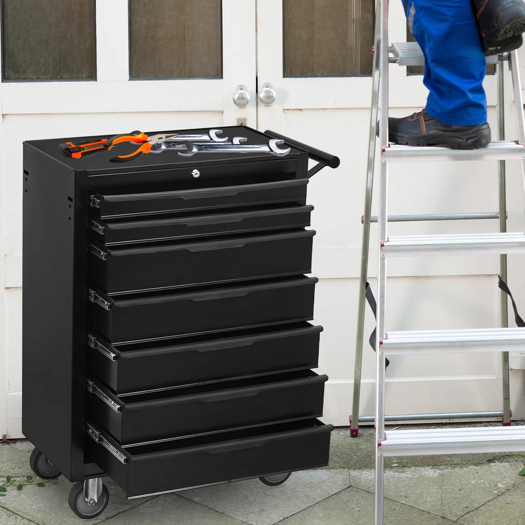 2026 7-Drawer Rolling Tool Chest Cabinet, Large Capacity Metal Tool Box with Wheels and Cylinder Locking, Roll Around Storage Organizer Tool Cart for Garage, Warehouse, Work Shop - Black