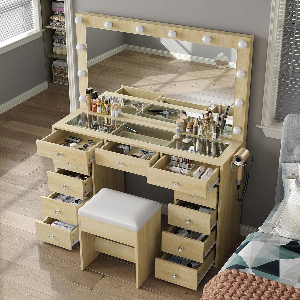 2026 New YANOSAKU Vanity Desk with Mirror, LED Lights & 11 Drawers