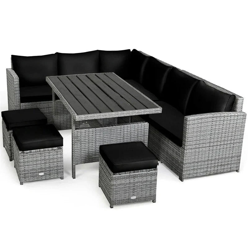 2026 7 Pcs Rattan Patio Dining Furniture Sectional Sofa Set with Dining Table, Ottomans & Cushions