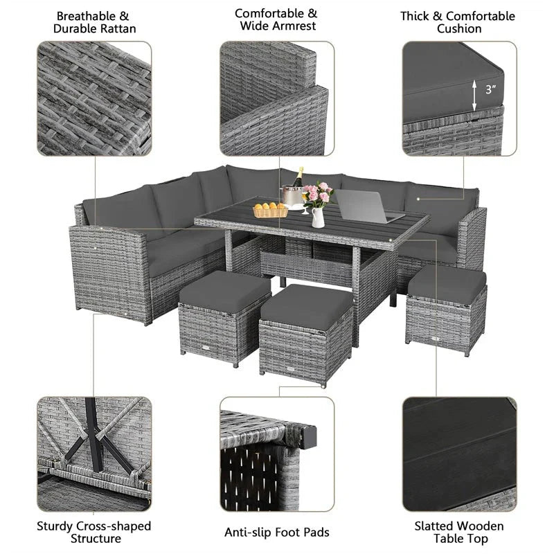 2026 7 Pcs Rattan Patio Dining Furniture Sectional Sofa Set with Dining Table, Ottomans & Cushions