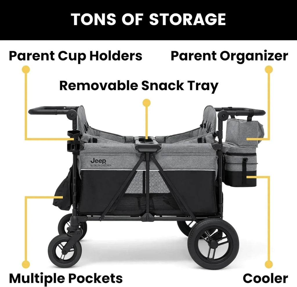 2026 Jeep Wrangler Deluxe 4-seater stroller by Delta Children Premium Quad stroller