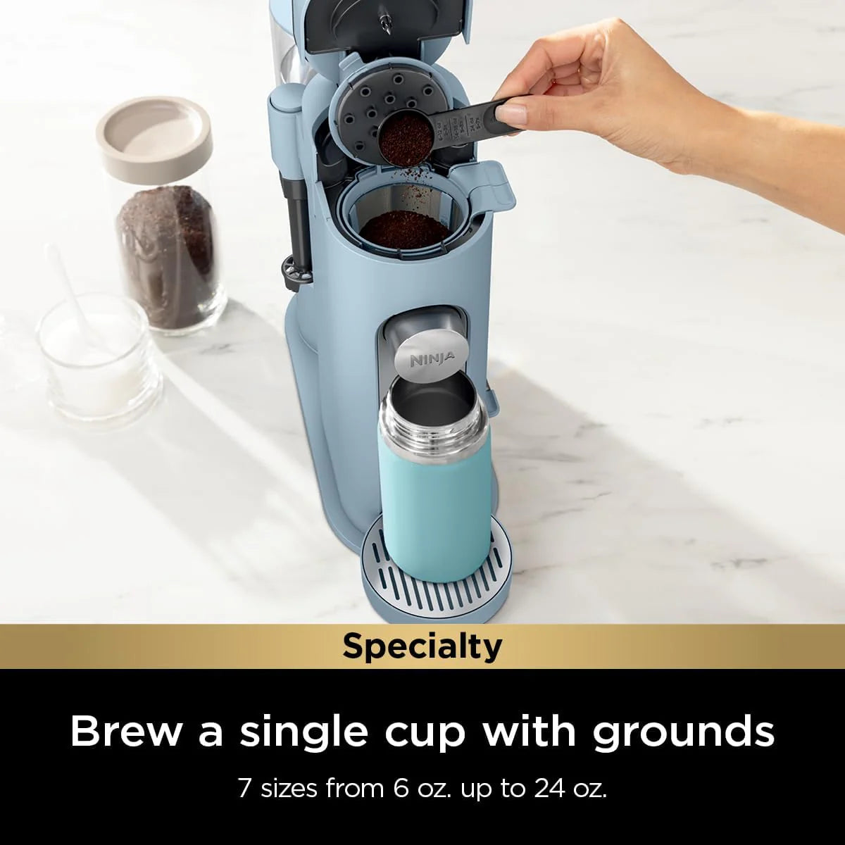 2026 Ninja Pods & Grounds Single-Serve Coffee Maker, K-Cup Pod Compatible, Brews Grounds, Compact Design, 56-oz. Reservoir, 6-oz. Cup to 24-oz. Travel Mug Brew Sizes, Iced Coffee Maker, Stone, PB041ST