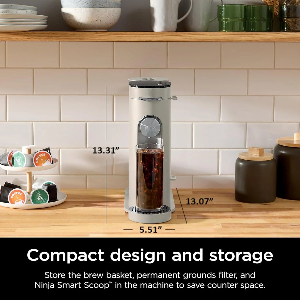 2026 Ninja Pods & Grounds Single-Serve Coffee Maker, K-Cup Pod Compatible, Brews Grounds, Compact Design, 56-oz. Reservoir, 6-oz. Cup to 24-oz. Travel Mug Brew Sizes, Iced Coffee Maker, Stone, PB041ST