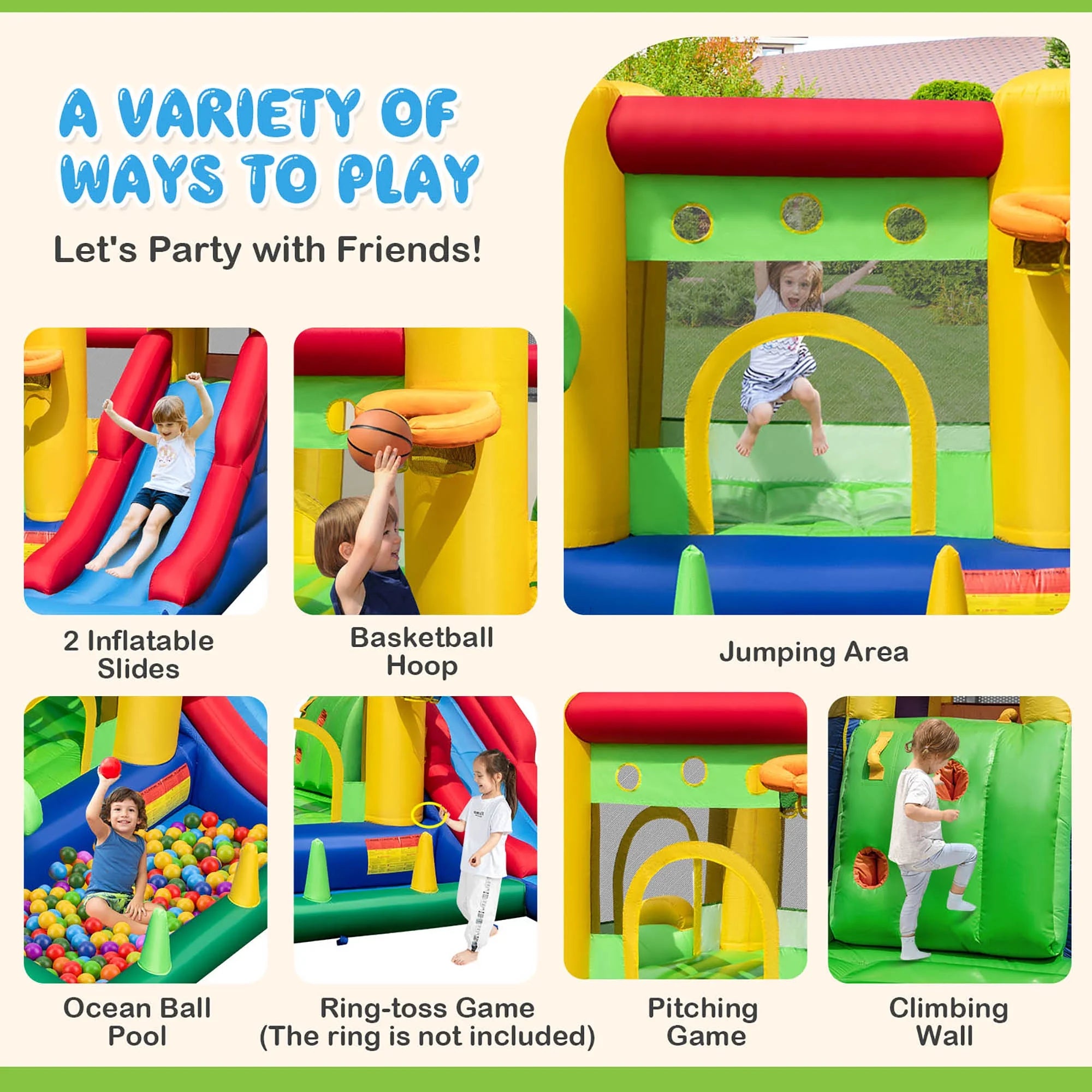 2026 Costway Colorful Rainbow Kids Inflatable Bounce Castle with 50 Ocean Balls & 735W Blower