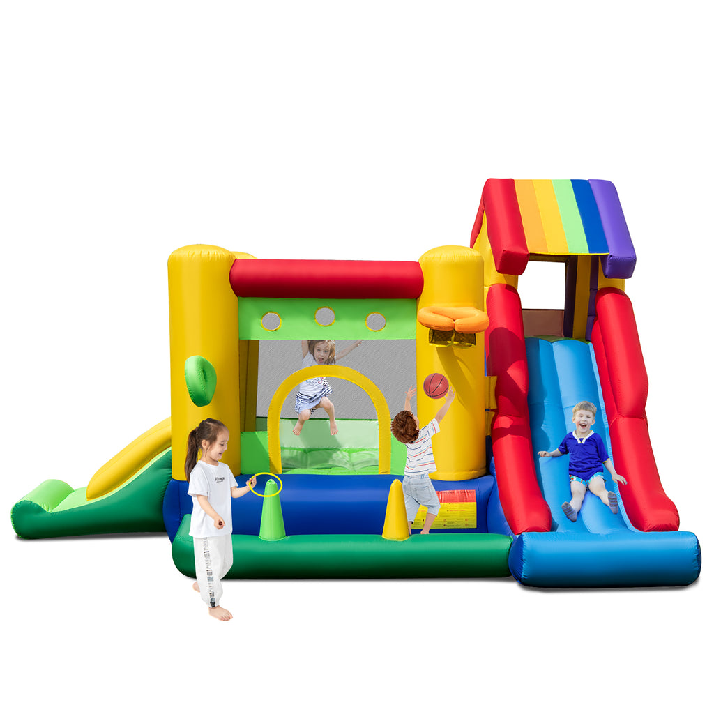 2026 Costway Colorful Rainbow Kids Inflatable Bounce Castle with 50 Ocean Balls & 735W Blower