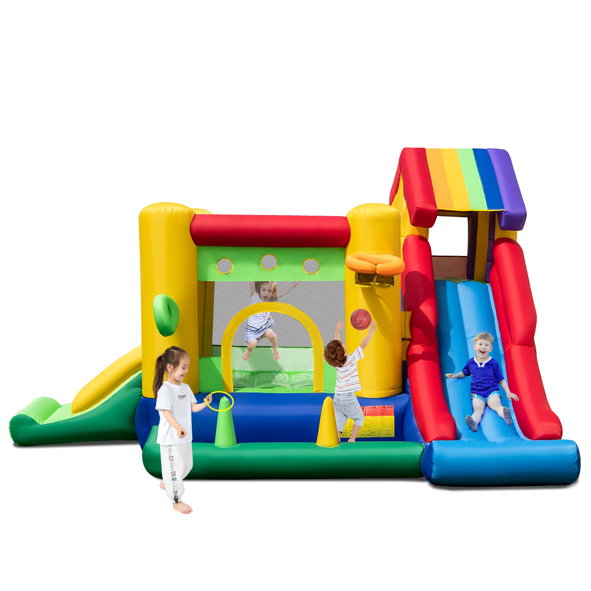 2026 Costway Colorful Rainbow Kids Inflatable Bounce Castle with 50 Ocean Balls & 735W Blower