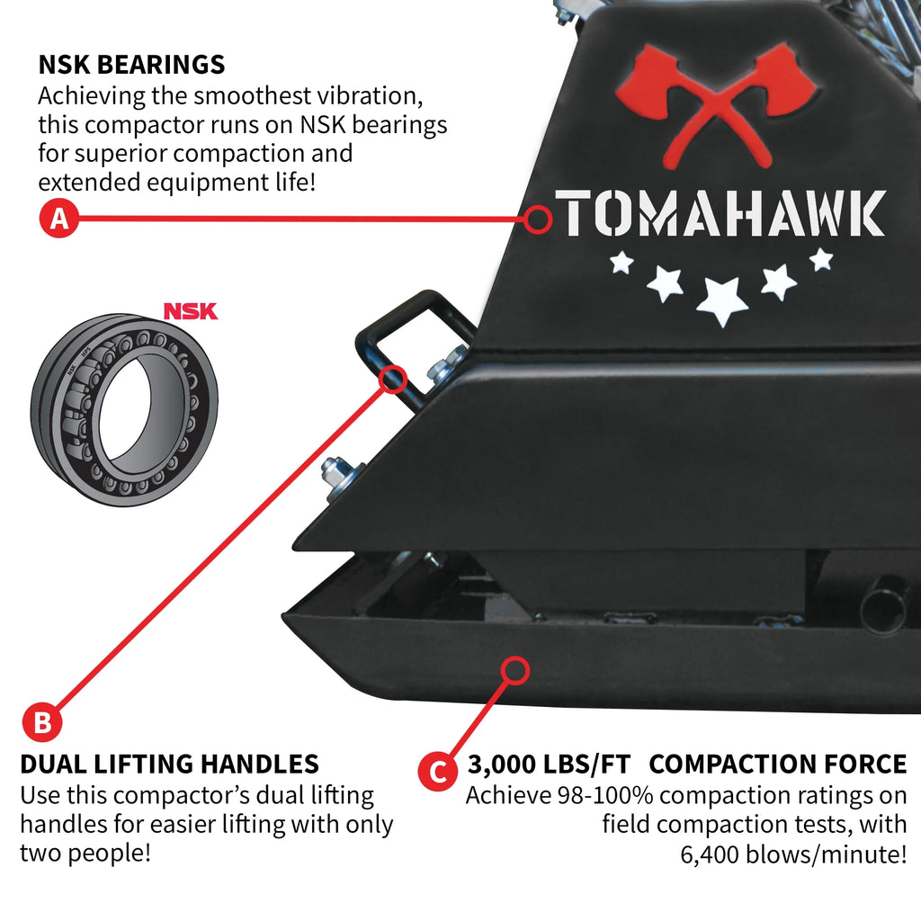 2026 Tomahawk Power Plate Compactor 5.5 HP, 3000 lbs/ft, 63cc, Gas, 17 x 13 Plate Compactor, 5900 VPM