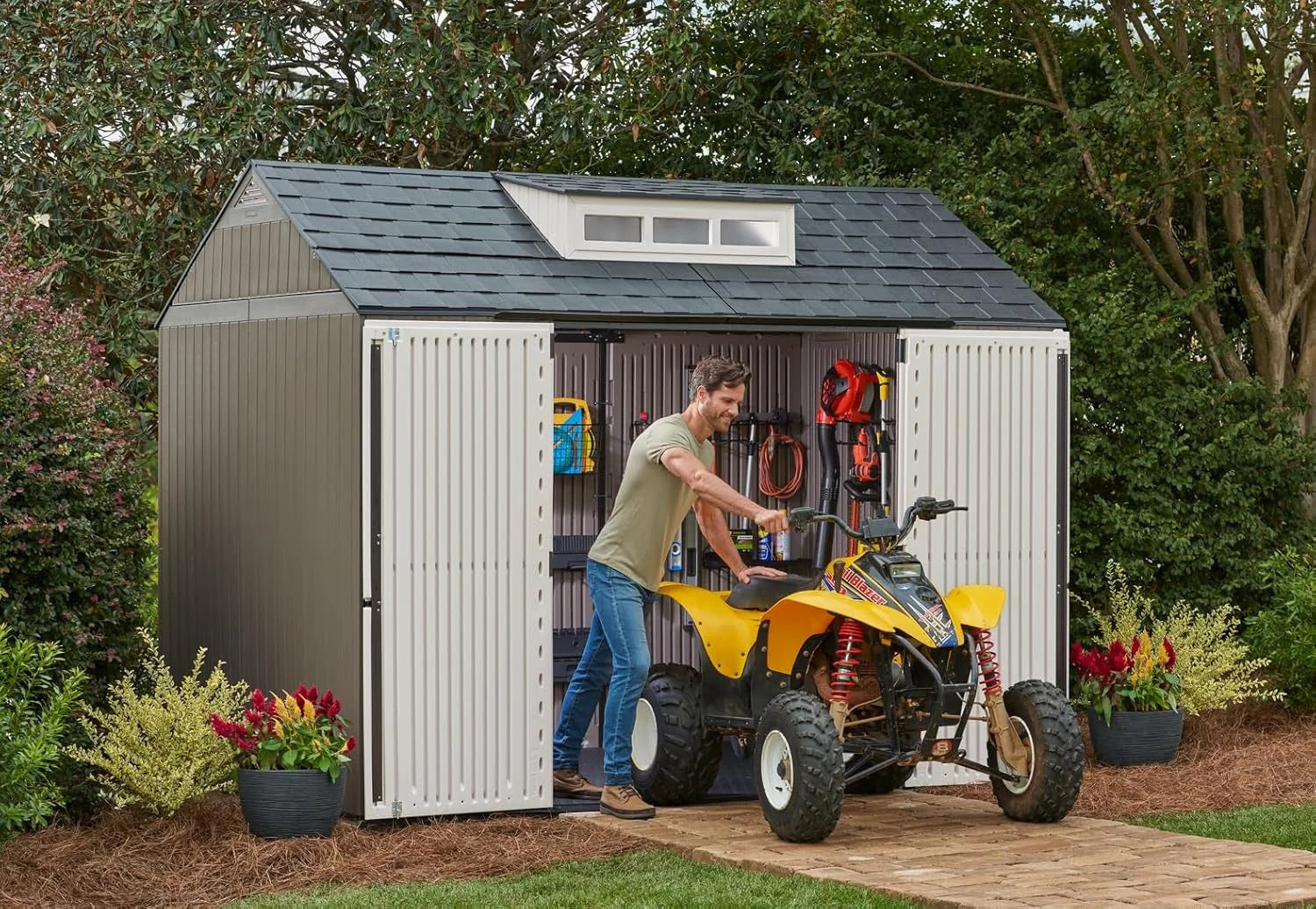 2026 Rubbermaid resin garden shed with floor (2.13 x 2.13 m), weatherproof, grey, for storing garden tools, lawnmowers, bicycles and pool accessories