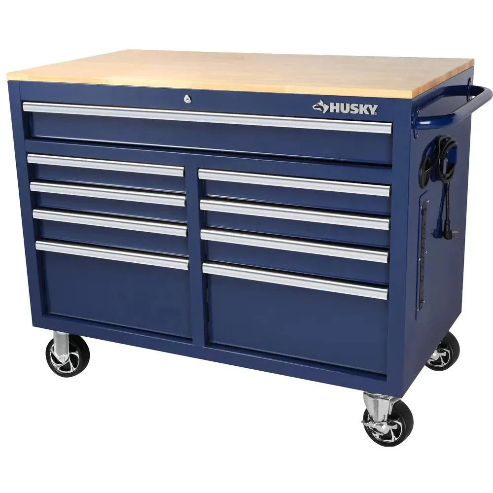 2026 Mobile workbench with 9 drawers, hardwood top and power connection, 117 cm W x 62 cm D – high-gloss black
