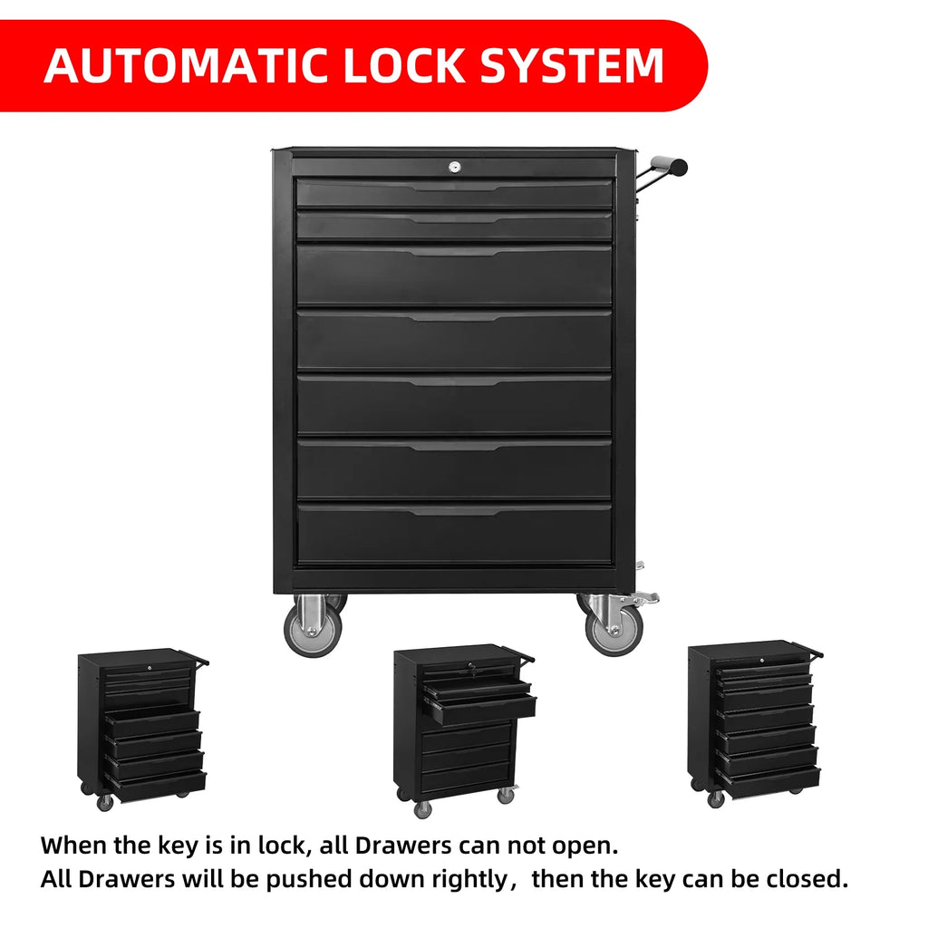 2026 7-Drawer Rolling Tool Chest Cabinet, Large Capacity Metal Tool Box with Wheels and Cylinder Locking, Roll Around Storage Organizer Tool Cart for Garage, Warehouse, Work Shop - Black