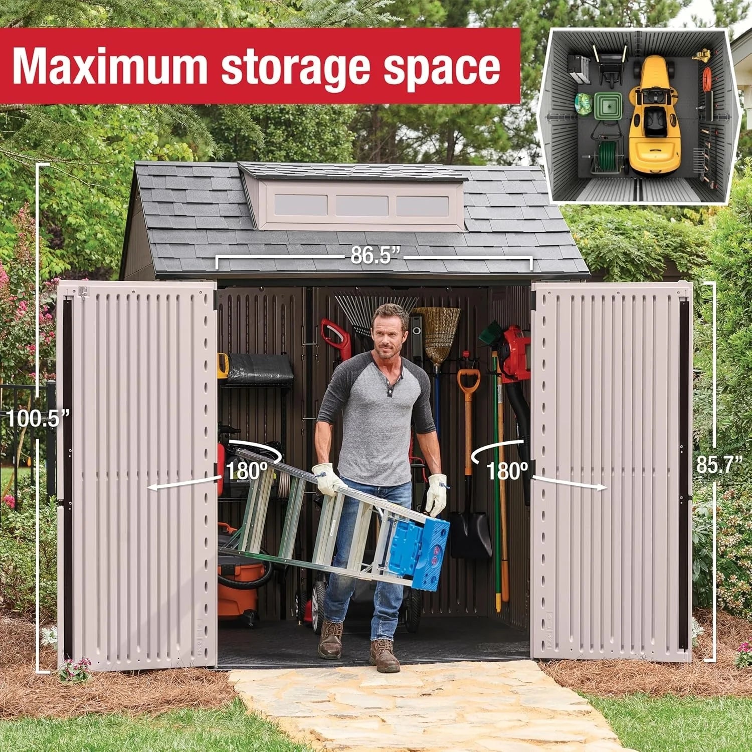 2026 Rubbermaid resin garden shed with floor (2.13 x 2.13 m), weatherproof, grey, for storing garden tools, lawnmowers, bicycles and pool accessories