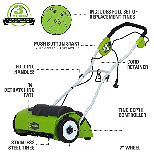 2026 Greenworks 10 Amp 14” Corded Electric Dethatcher (Stainless Steel Tines)