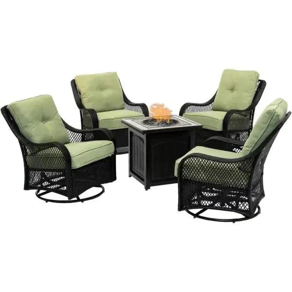 2026 2025 5-piece steel patio fire pit seating set with navy blue cushions, swivel gliders and square fire pit table
