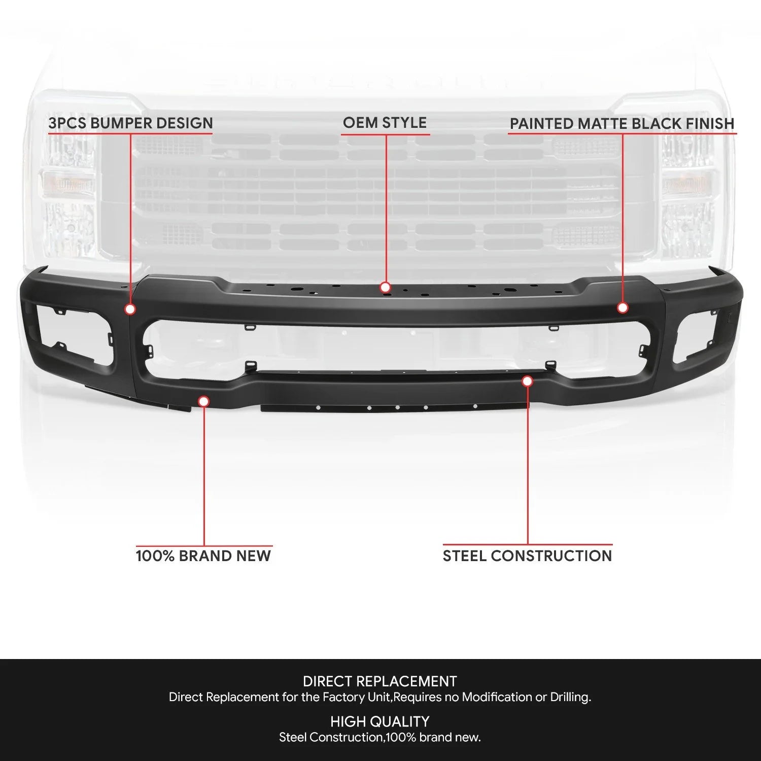 Modular Style Front Bumper w/ Parking Sensor Holes 23-26 Ford F-250 F-350 Super Duty