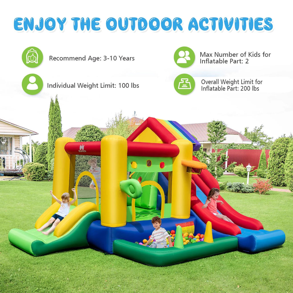 2026 Costway Colorful Rainbow Kids Inflatable Bounce Castle with 50 Ocean Balls & 735W Blower