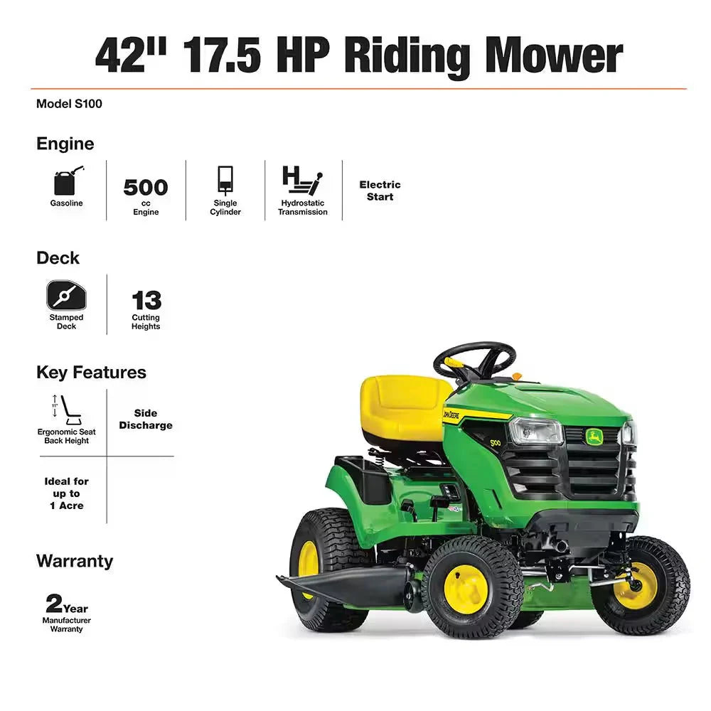2026 John Deere S100 ride-on lawnmower, 107 cm (42 inch) cutting width – 17.5 hp petrol hydrostatic drive