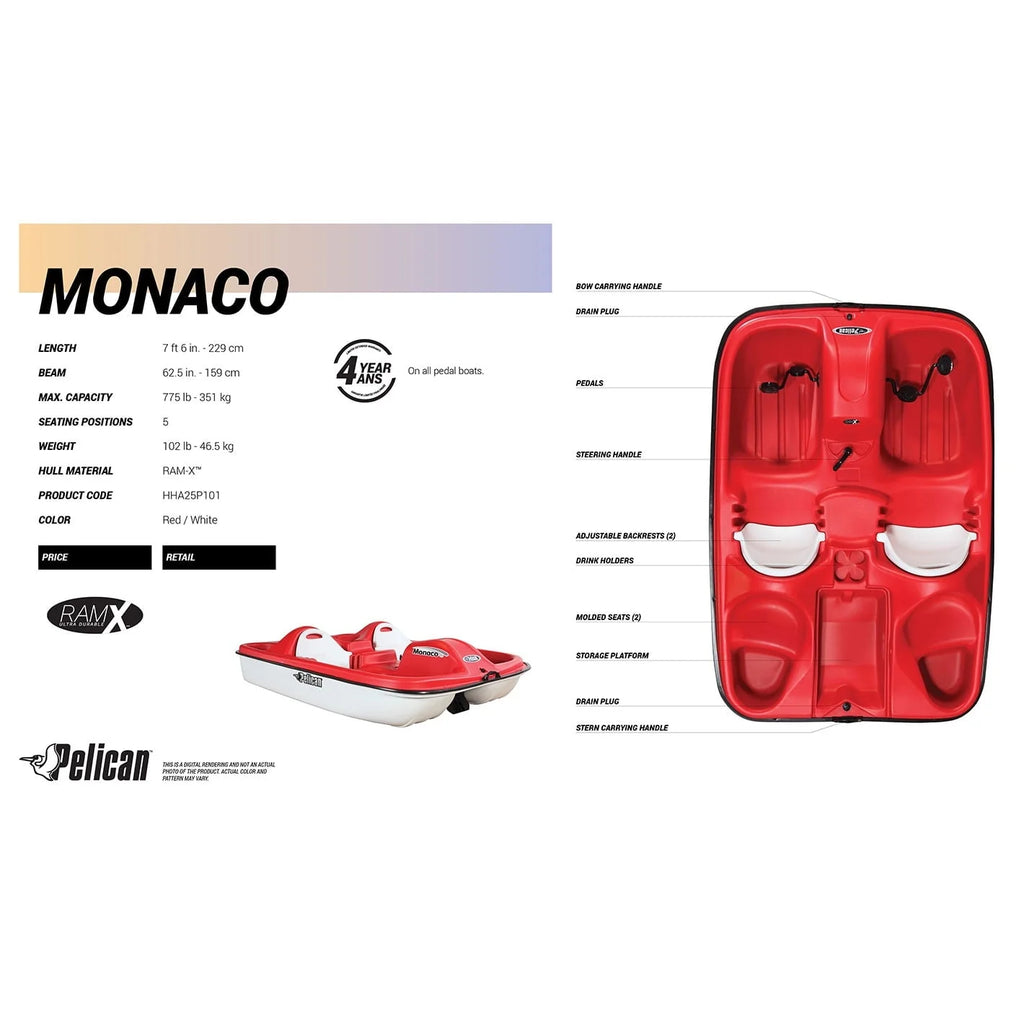2026 Pelican Sport - PEDAL BOAT MONACO - Adjustable 5 Seat Pedal Boat, Red/White