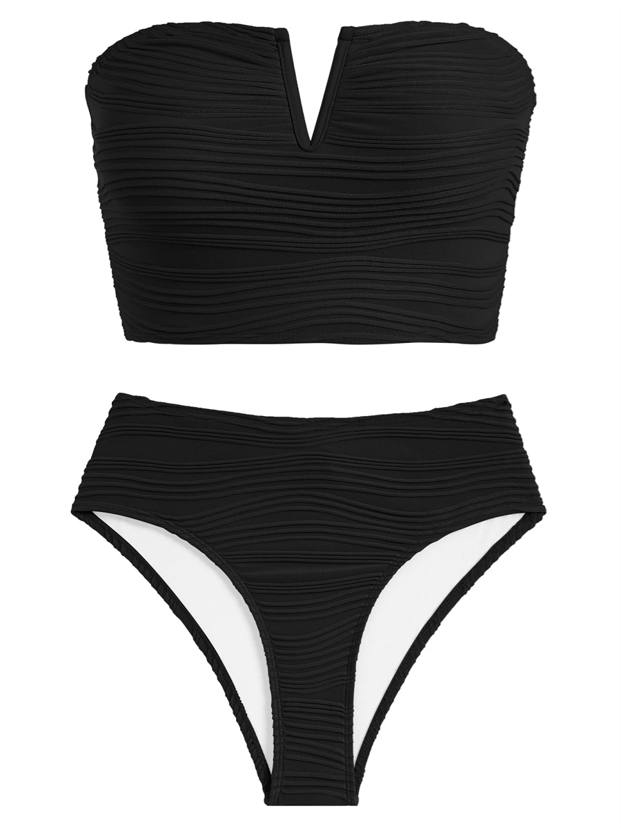 Womens Bandeau Bikini Sets Sexy Removable Shoulder Strap Two Piece Swimsuit High Cut Cute Ribbed Ladies Bathing Suit