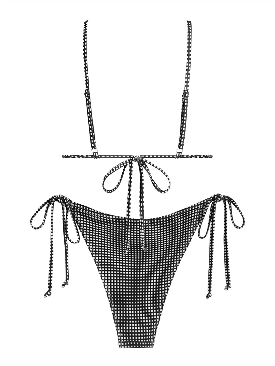 ZAFUL Vintage Gingham Lace Trim Bowknot Decor Halter Triangle Tie Side Bikini Set