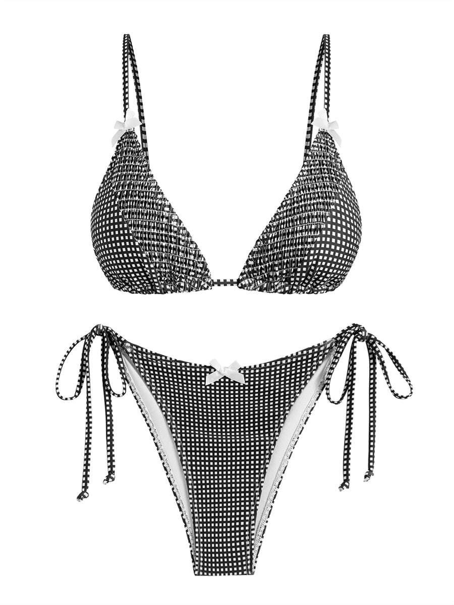 ZAFUL Vintage Gingham Lace Trim Bowknot Decor Halter Triangle Tie Side Bikini Set