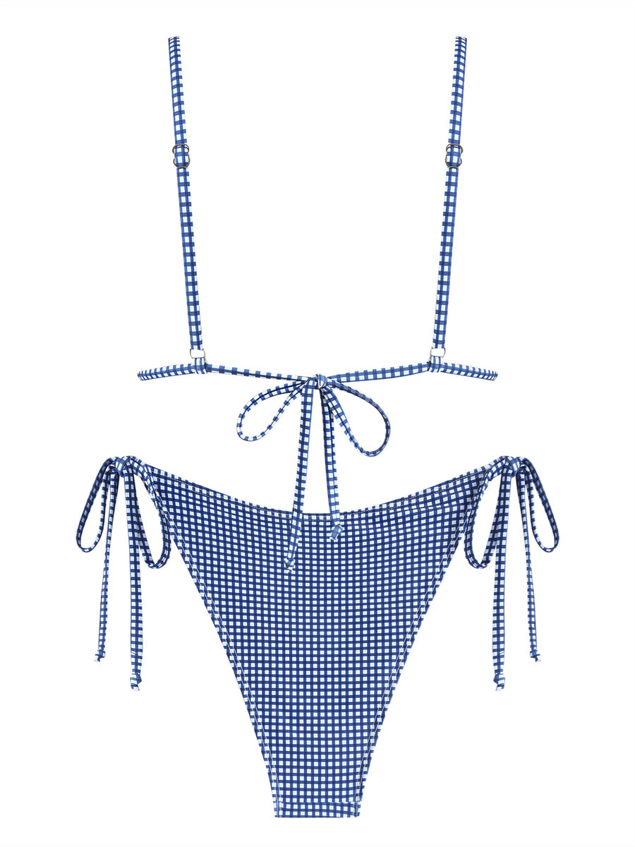 ZAFUL Vintage Gingham Lace Trim Bowknot Decor Halter Triangle Tie Side Bikini Set