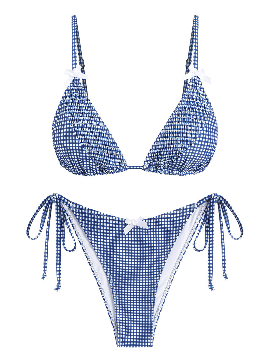 ZAFUL Vintage Gingham Lace Trim Bowknot Decor Halter Triangle Tie Side Bikini Set
