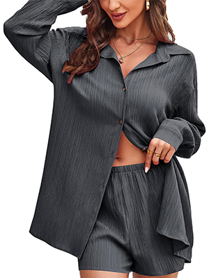 CALSUZ Women's Button Up Long Sleeve Shirt and High Waisted Shorts Casual Sweatshirt Set