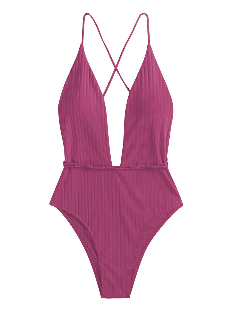 Deep V Neck Crisscross Back Tie Monokini