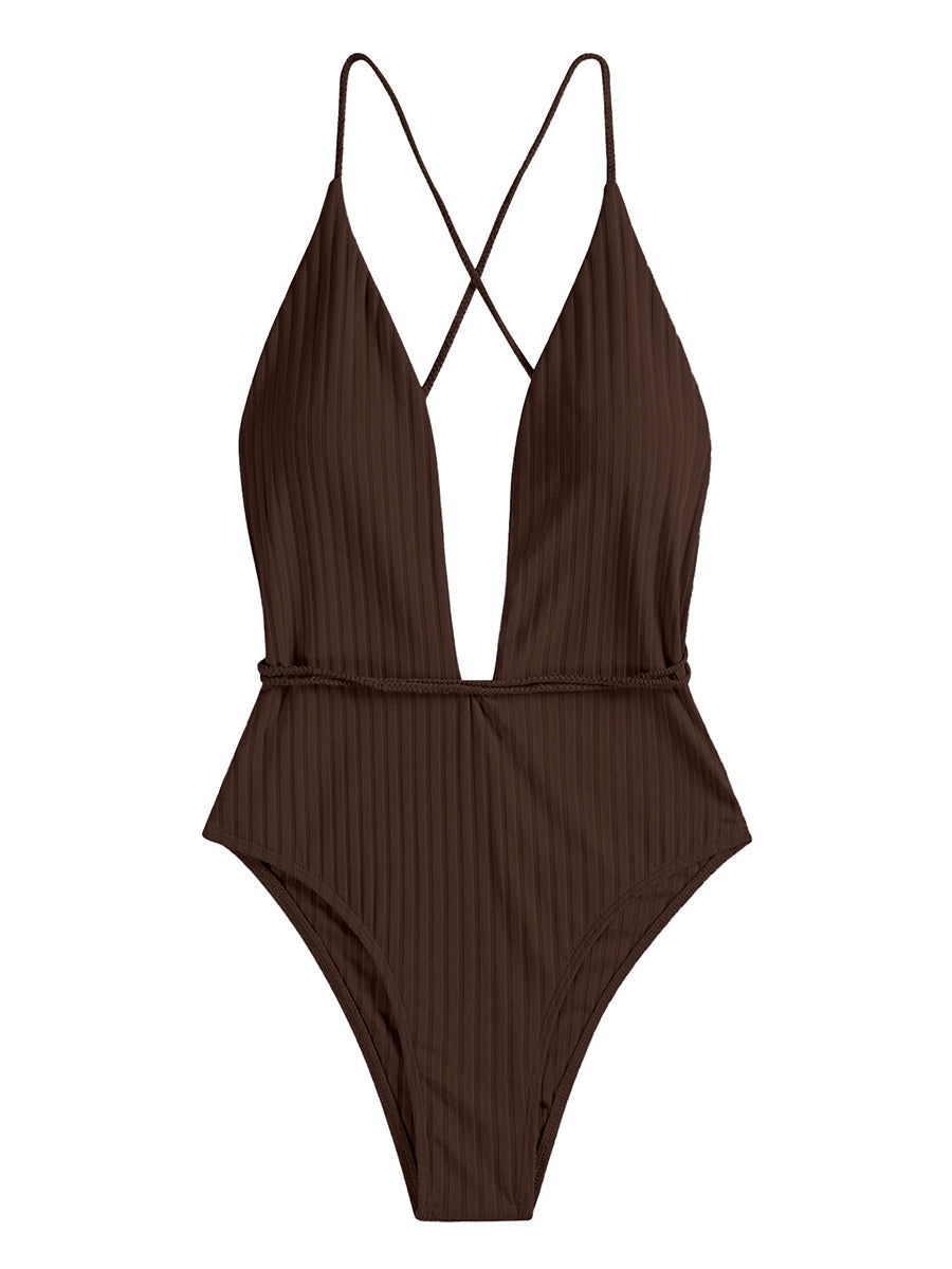Deep V Neck Crisscross Back Tie Monokini