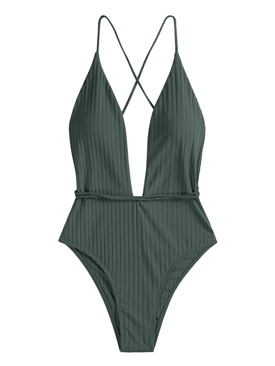 Deep V Neck Crisscross Back Tie Monokini
