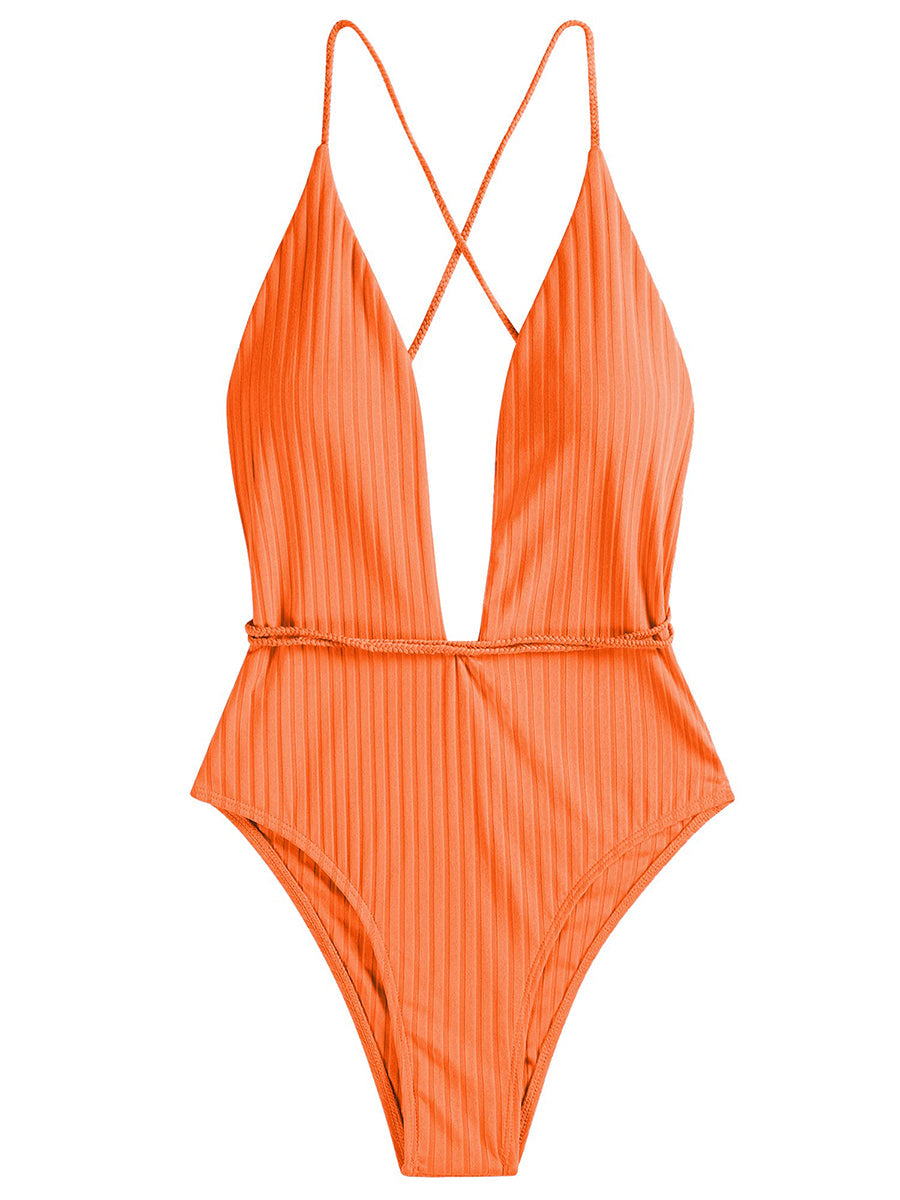 Deep V Neck Crisscross Back Tie Monokini
