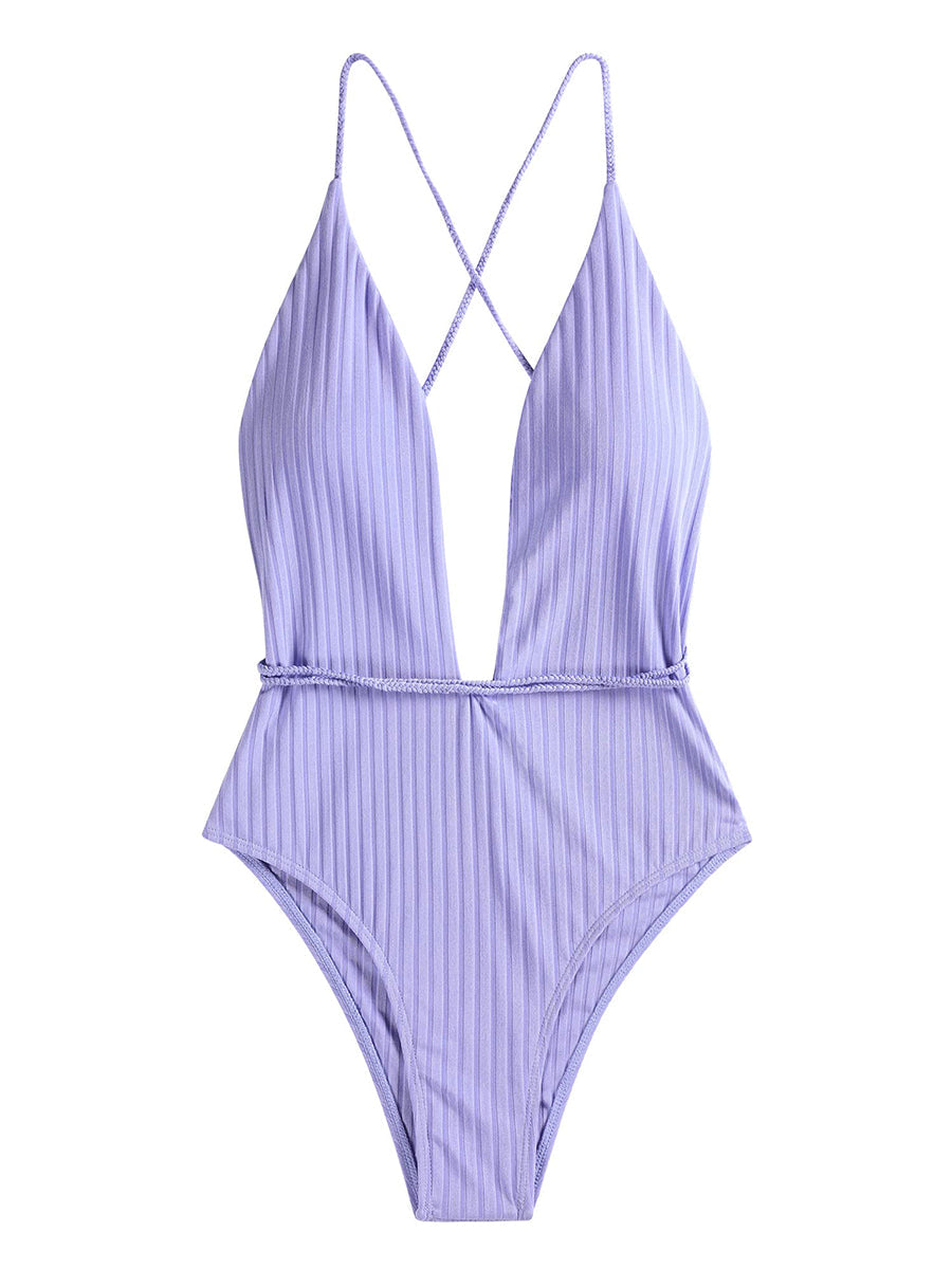 Deep V Neck Crisscross Back Tie Monokini