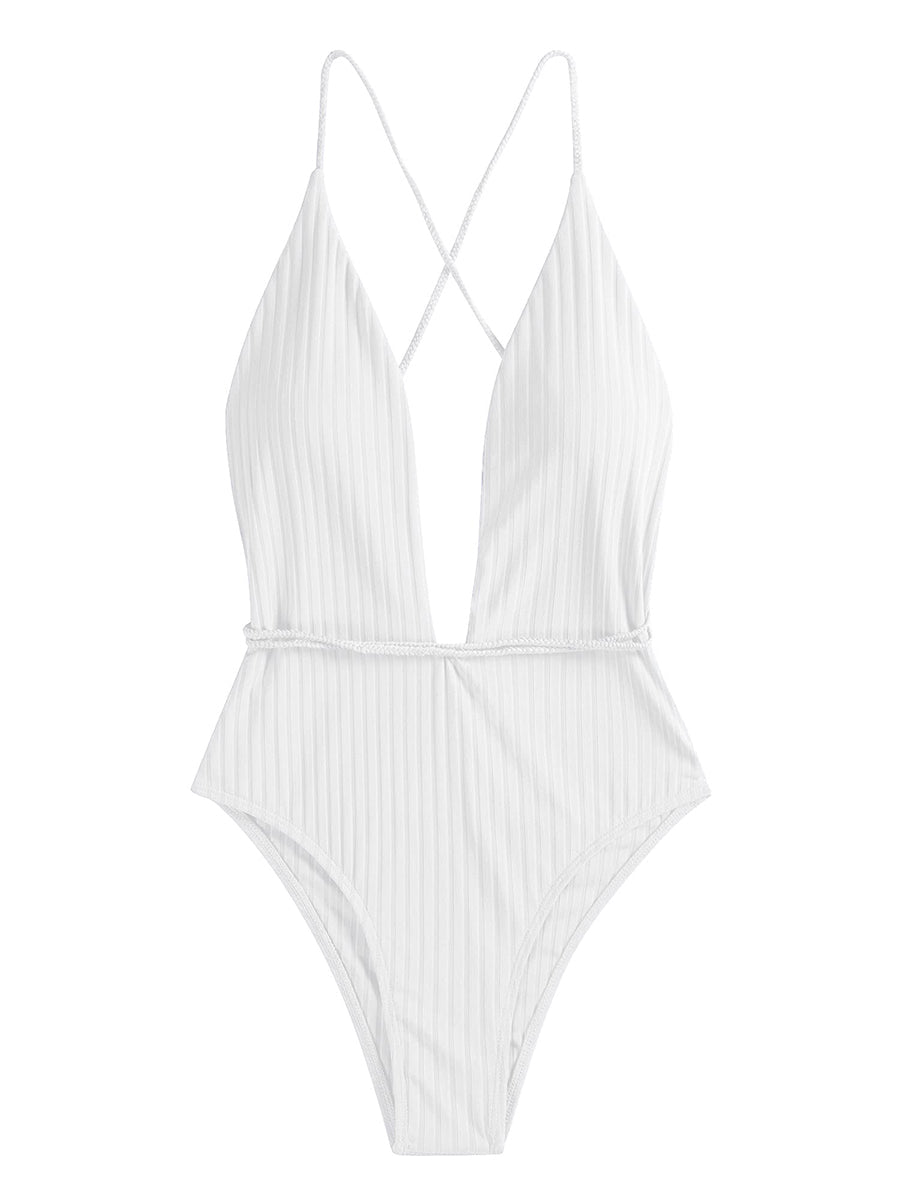 Deep V Neck Crisscross Back Tie Monokini