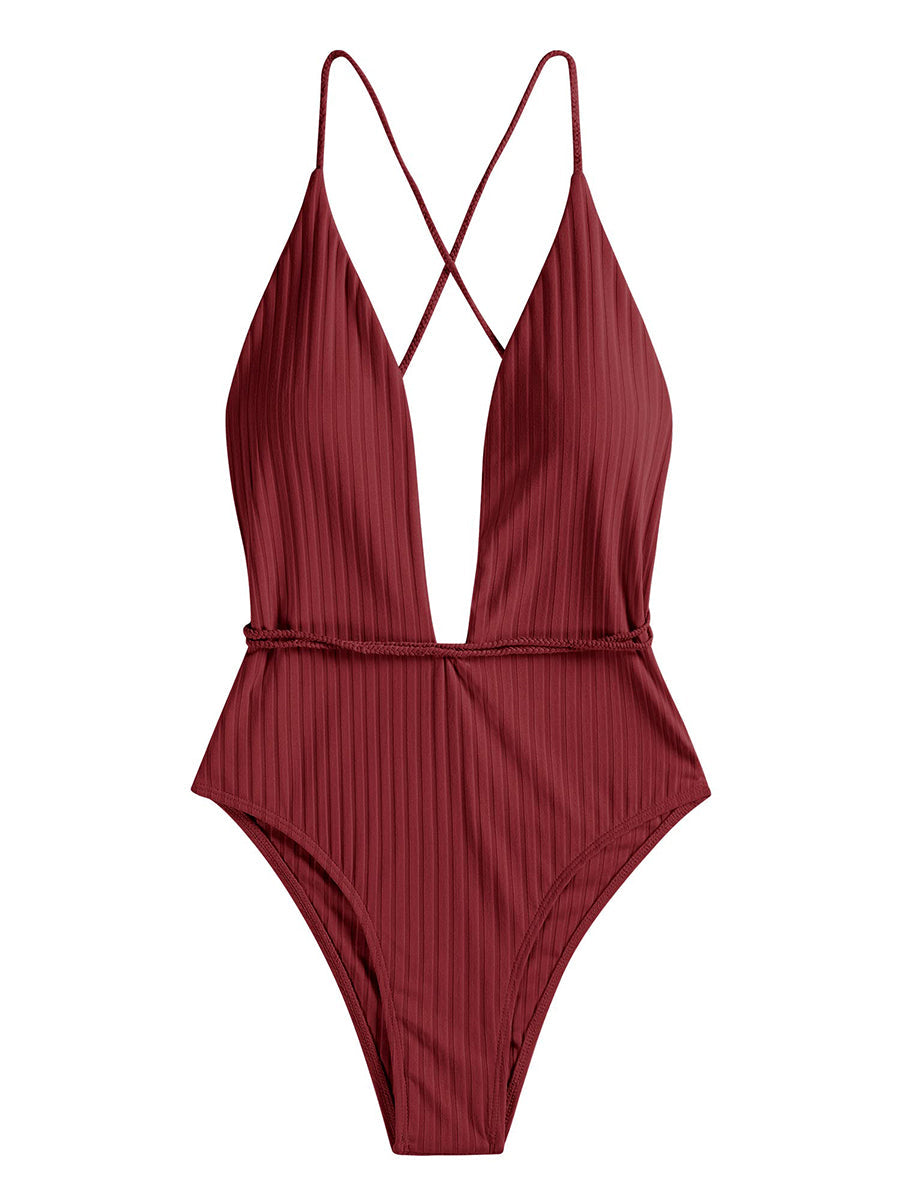 Deep V Neck Crisscross Back Tie Monokini