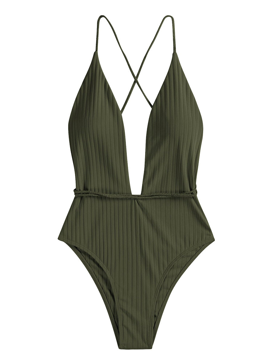 Deep V Neck Crisscross Back Tie Monokini