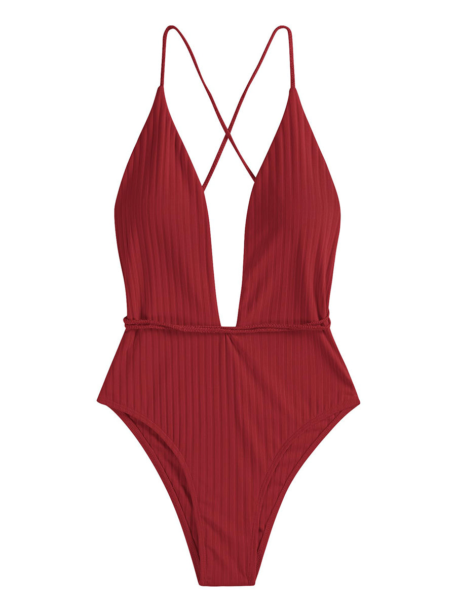 Deep V Neck Crisscross Back Tie Monokini