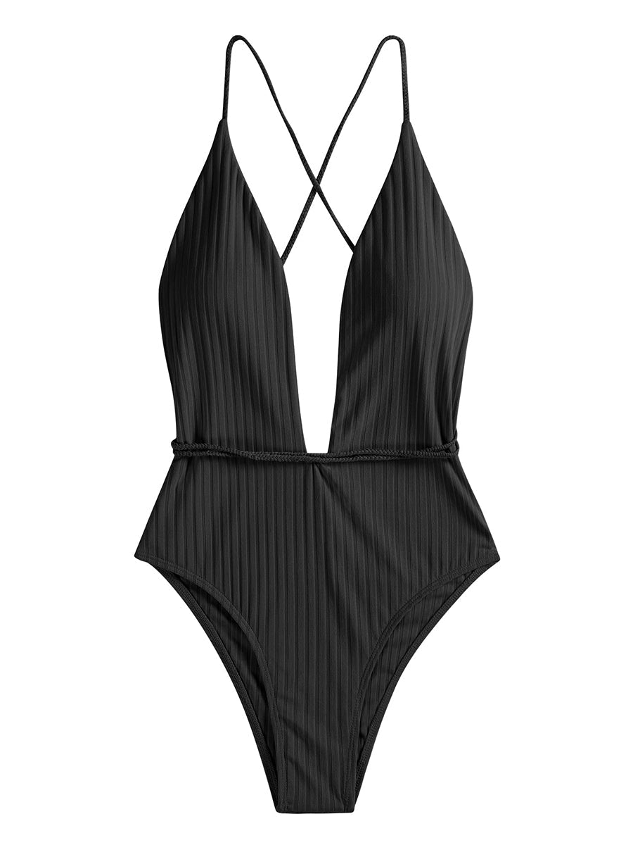 Deep V Neck Crisscross Back Tie Monokini