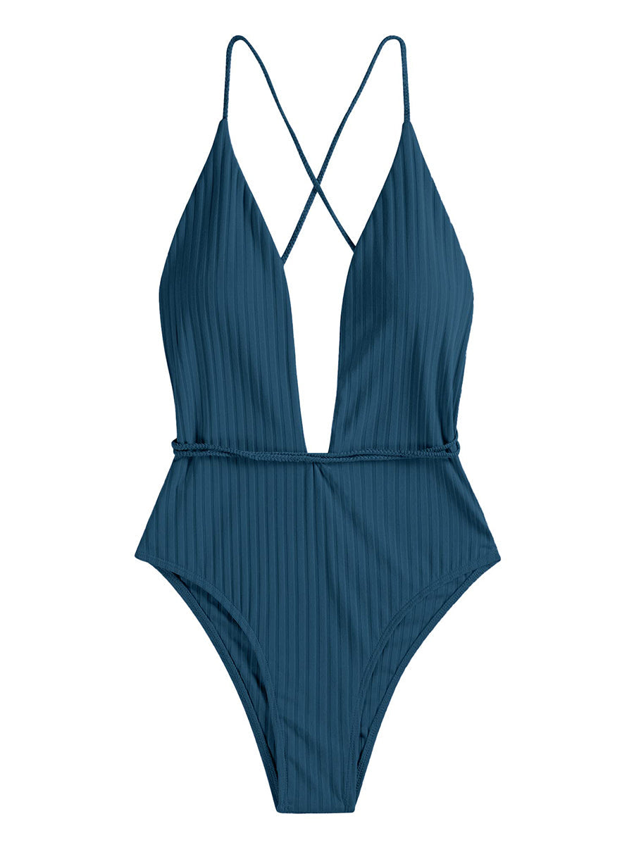 Deep V Neck Crisscross Back Tie Monokini
