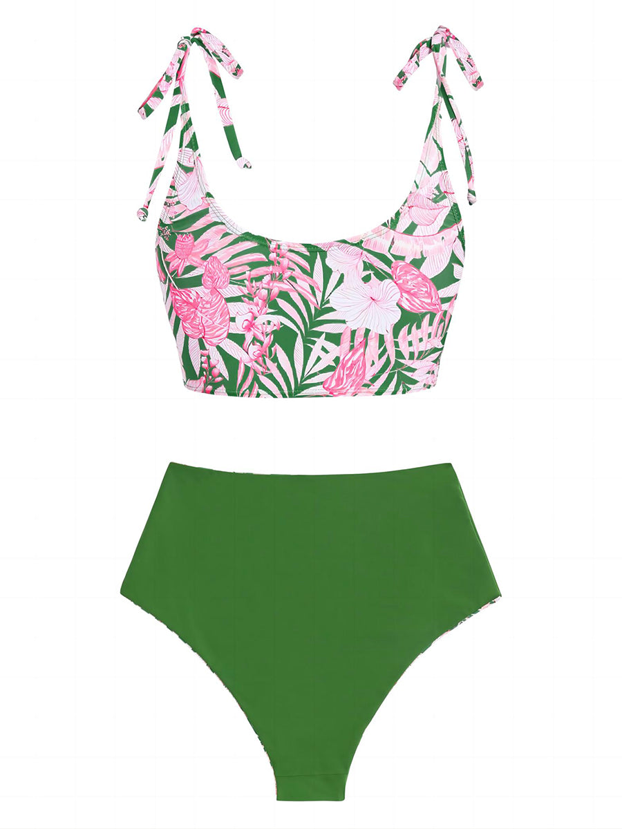 Floral High Waisted Tie Shoulder Tankini