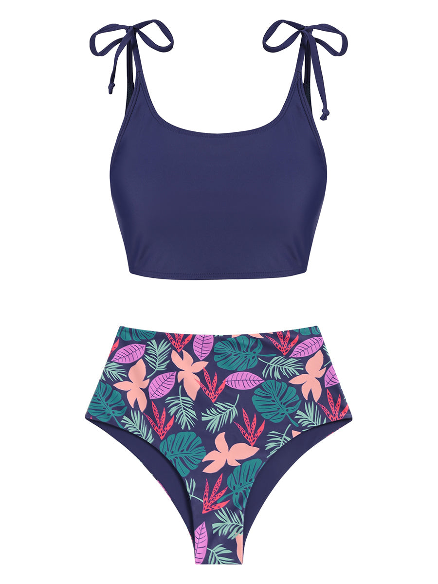 Floral High Waisted Tie Shoulder Tankini
