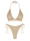 ZAFUL Women Bikini Set Boho Shell Tassel Crochet Tie Swimwear Halter Cheeky Swimsuit Bathing Suit_Khaki