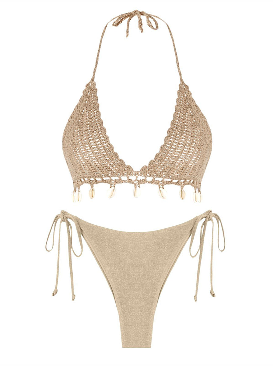 ZAFUL Women Bikini Set Boho Shell Tassel Crochet Tie Swimwear Halter Cheeky Swimsuit Bathing Suit_Khaki